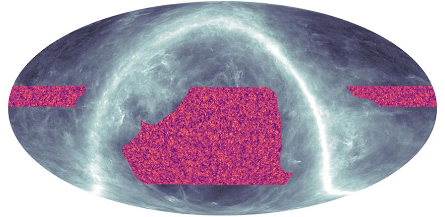 A new map of the dark matter made by the Atacama Cosmology Telescope. The orange regions show where there is more mass; purple where there is less. The typical features are hundreds of millions of light years across. The grey/white shows where contaminating light from dust in our Milky Way galaxy, measured by the Planck satellite, obscures a deeper view.