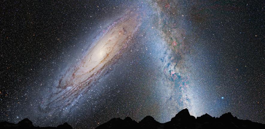 Artist's impression of the predicted collision between the Milky Way and Andromeda