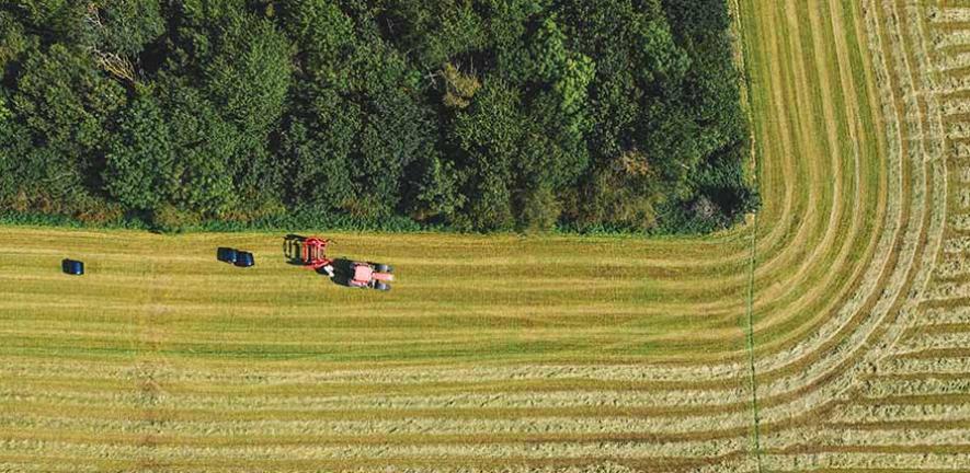 Drone view of agricultural field - a tractor is baling hay next to woodland