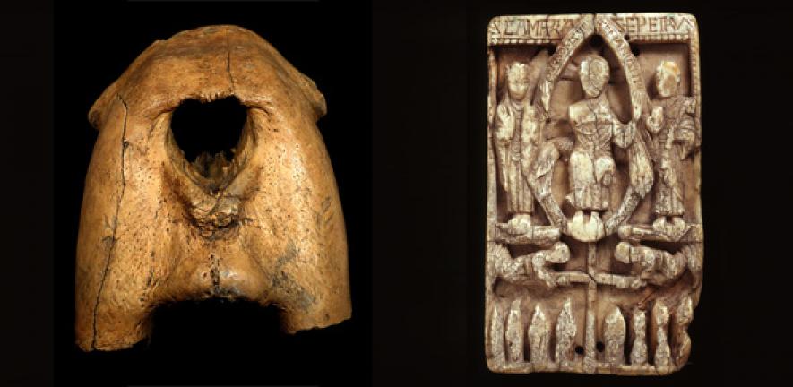 Left: Upper jaw bones of a walrus, with tusks removed. Right: an elaborately-carved ecclesiastical walrus ivory plaque.