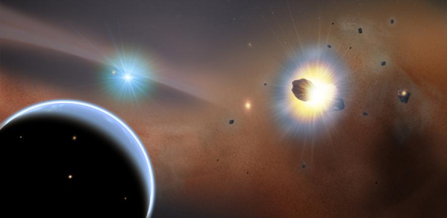 At the outer fringes of the system, the gravitational influence of a hypothetical giant planet (bottom left) captures comets into a dense, massive swarm (right) where frequent collisions occur. 