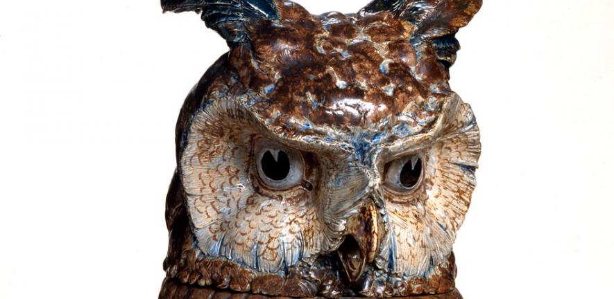 Owl Punch Bowl, 1903 (detail) Salt-glazed stoneware decorated with blue, brown and sage-green slips Height: 103 cm