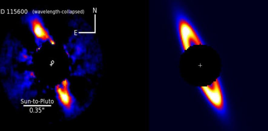 Left: Image of HD 115600 showing a bright debris ring viewed nearly edge-on and located just beyond a Pluto-like distance to the star. Right: A model of the HD 115600 debris ring on the same scale. 