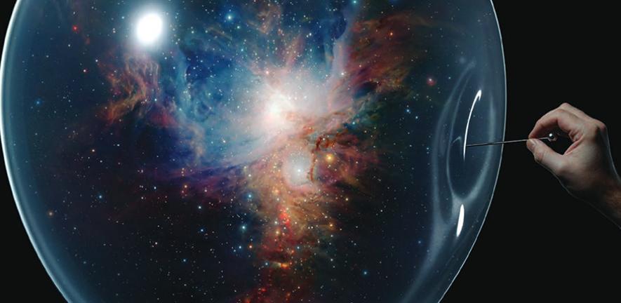 A pin being pushed into a bubble, in which there is an image of the Universe