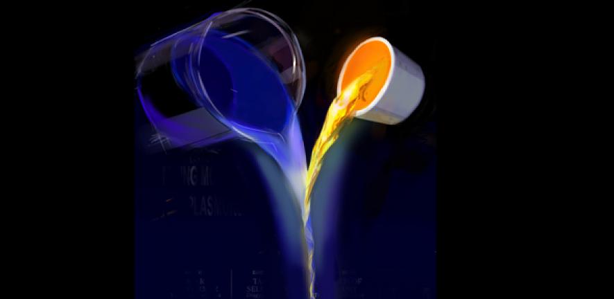 Mixing light with dye molecules, trapped in golden gaps