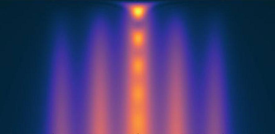 Theoretical ESR spectrum buildup as a function of two-photon detuning δ and drive time τ, for a Rabi frequency of Ω = 3.3 MHz on the central transition. 