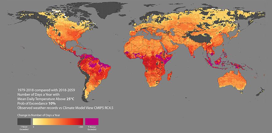 Number of days per year with mean daily temperatures above 25 degrees - 1979-2018 compared with 2018-2059