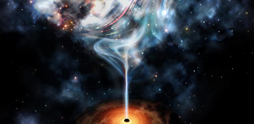 An artist’s impression of the jet launched by a supermassive black hole, which inflates lobes of very hot gas that are distorted by the cluster weather.