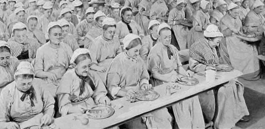 Dinner time in St Pancras Workhouse, London, 1911. Workhouses, established under the Poor Law Amendment Act, were part of a Victorian programme that cut universal welfare support and stigmatised many poor people as “unproductive”.