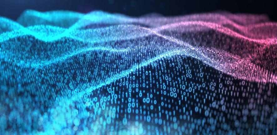 A glowing particle and binary wave pattern on dark background.