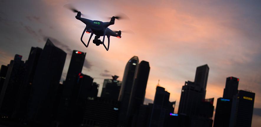 Drone and city skyline