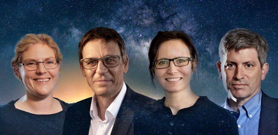 Emily Mitchell, Didier Queloz, Kate Adamal, Carl Zimmer. Landscape with Milky way galaxy. Sunrise and Earth view from space with Milky way galaxy. (Elements of this image furnished by NASA).