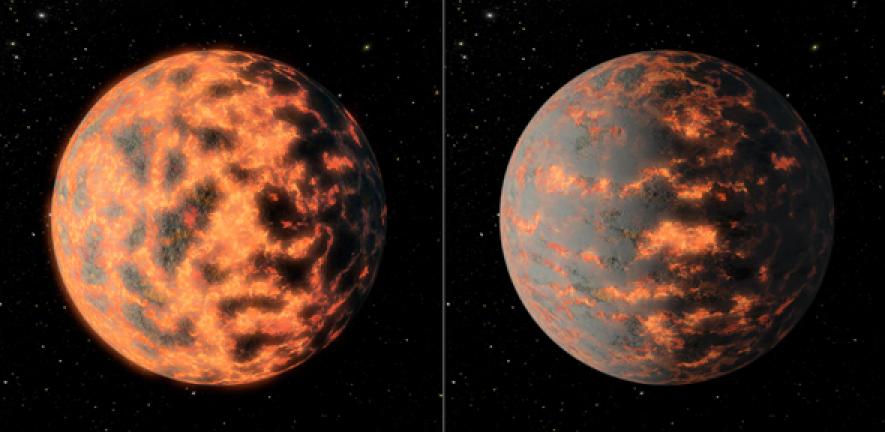 Artist’s impression of super-Earth 55 Cancri e, showing a hot partially-molten surface of the planet before and after possible volcanic activity on the day side.