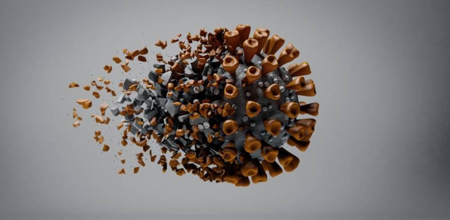 A 3d animation of the COVID-19 Virus or Coronavirus being broken apart