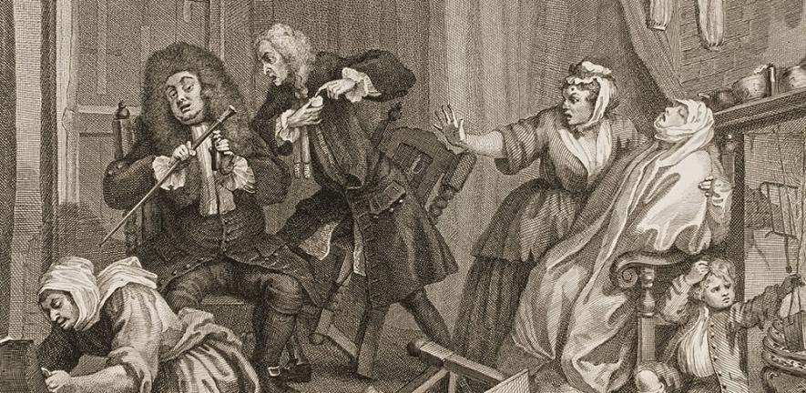 Detail from plate 5 of Hogarth’s “A Harlot’s Progress”, with the protagonist, Moll, dying of syphilis.