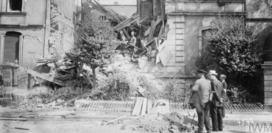A house in Darmstadt destroyed by an Allied bombing raid.