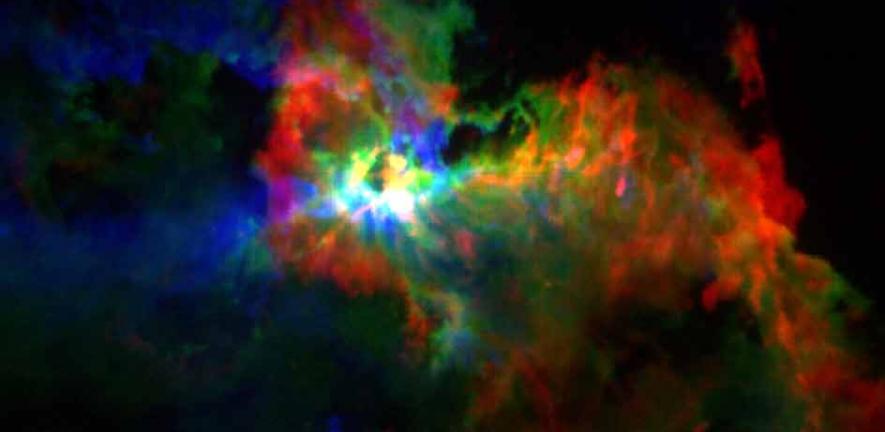 False colour image of the carbon monoxide gas in the Orion molecular cloud observed using HARP.