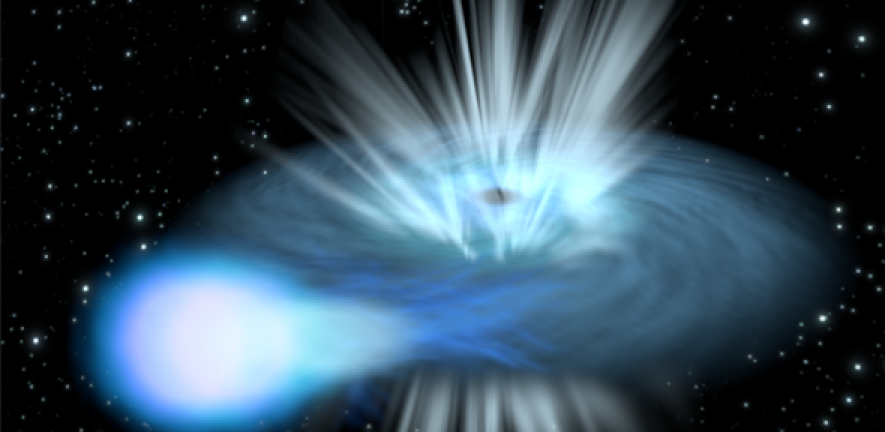 Artist’s impression depicting a compact object – either a black hole or a neutron star – feeding on gas from a companion star in a binary system.