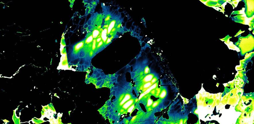 False-colour image of impact recrystallised phosphate mineral in Chelyabinsk meteorite