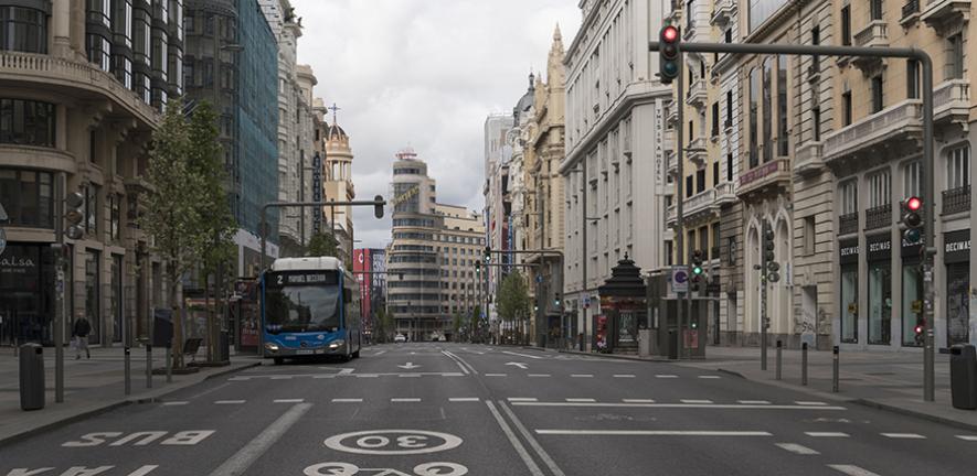 A deserted Grand Via, in the heart of Madrid, a week after the lockdown started.