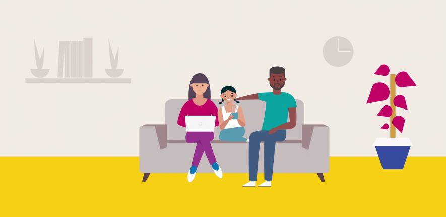 Graphic of family sitting on sofa
