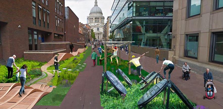Collage imagining a challenging 'Active Urbanism' route applied to Sermon Lane in London