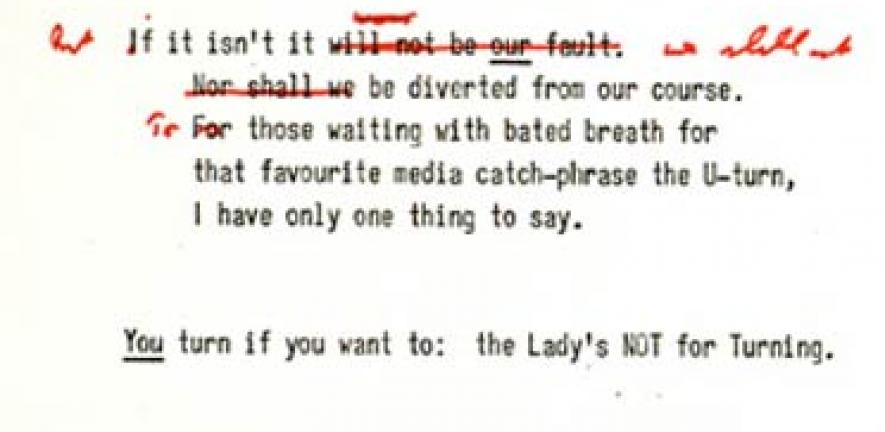 Margaret Thatcher's handwritten notes of her famous 'not for turning' speech