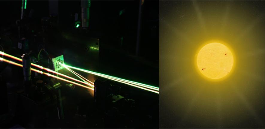 Left: Laser apparatus used to study singlet fission in Cambridge. Right: Celestia sun