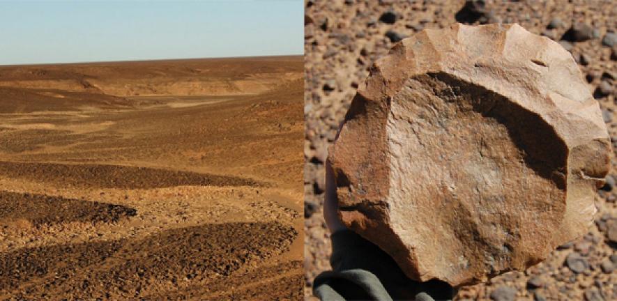 Left: A view across a valley in the Messak landscape. Right: A Levallois core, a distinctive type of Middle Stone Age stone tool, recovered on the surface of the Messak