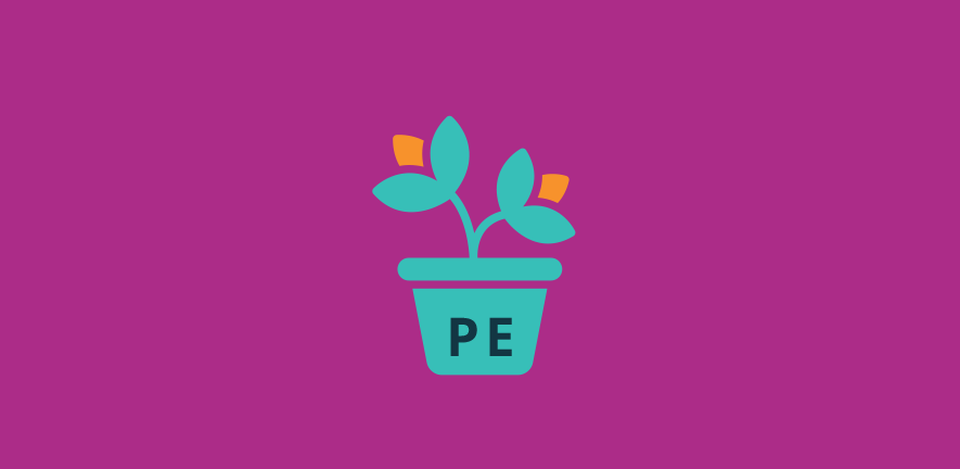 A seedling plant growing in a pot with the letters PE on it