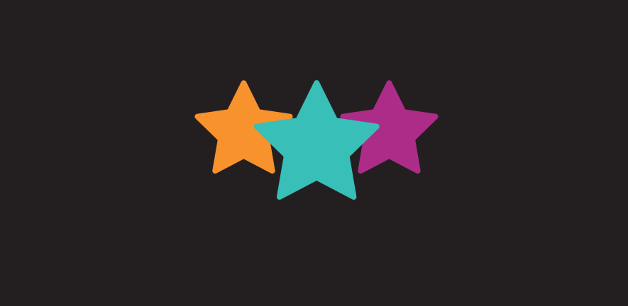 Illustration of three colourful stars on a dark background