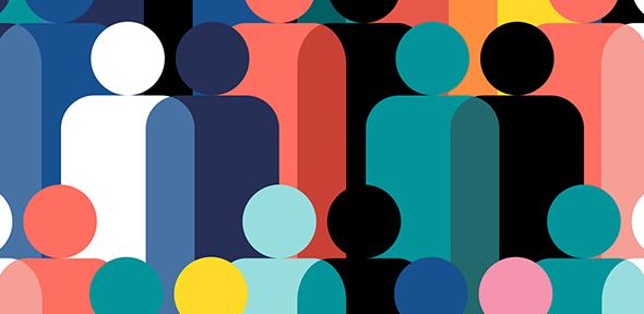 Geometric illustration of multi coloured human figures