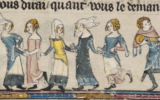 Minstrel playing music and women dancing, from Bodleian Library MS Bodl-264, 00216, fol-97v