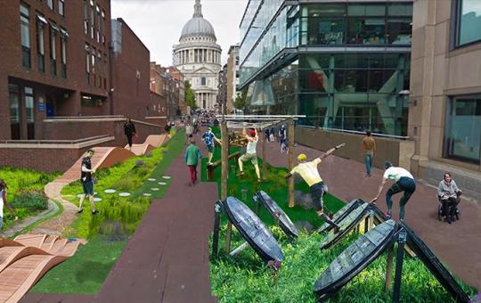 Collage imagining a challenging 'Active Urbanism' route applied to Sermon Lane in London