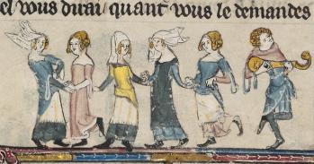 Minstrel playing music and women dancing, from Bodleian Library MS Bodl-264, 00216, fol-97v