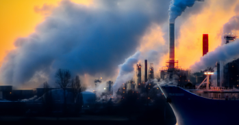 Factory chimneys blowing smoke.