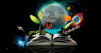 Composite graphic showing planets, vegetation, DNA and book
