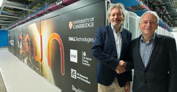 Dr Paul Calleja, Director of Dawn AI Service (left) and Professor Richard McMahon, Chair of Cambridge Research Computing Advisory Group and UKRI Dawn Principal Investigator (right) in front of Dawn.