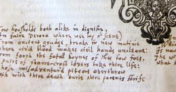 The prologue to Romeo and Juliet, transcribed on the last page of Titus Andronicus because it was omitted from the First Folio. Courtesy of the Free Library of Philadephia