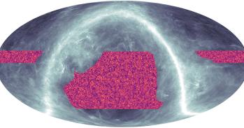 A new map of the dark matter made by the Atacama Cosmology Telescope. The orange regions show where there is more mass; purple where there is less. The typical features are hundreds of millions of light years across. The grey/white shows where contaminating light from dust in our Milky Way galaxy, measured by the Planck satellite, obscures a deeper view.