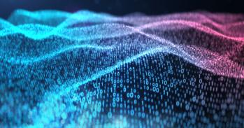 A glowing particle and binary wave pattern on dark background.