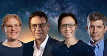 Emily Mitchell, Didier Queloz, Kate Adamal, Carl Zimmer. Landscape with Milky way galaxy. Sunrise and Earth view from space with Milky way galaxy. (Elements of this image furnished by NASA).