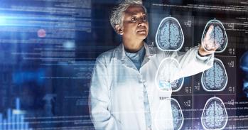 Futuristic image of a doctor looking at brain scans