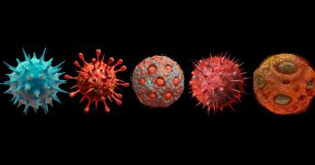 Digital generated image of different variants of virus cells against a black background.