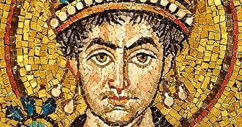 Detail of the mosaic of Justinianus I in the Basilica di San Vitale, Ravenna, Italy