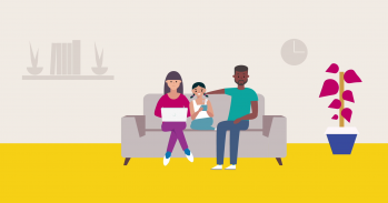 Graphic of family sitting on sofa