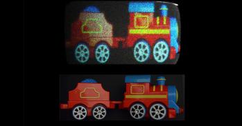Reconstructed holographic images of a toy train with holobricks and original image captured by a camera