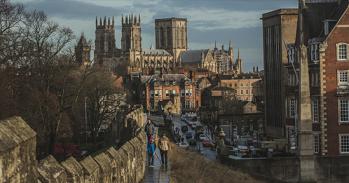 View of the city of York in England including walls and cathedral