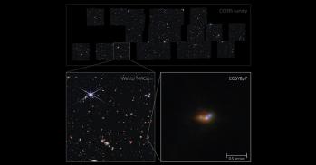 This image shows the galaxy EGSY8p7, a bright galaxy in the early Universe where light emission is seen from, among other things, excited hydrogen atoms – Lyman-α emission. 
