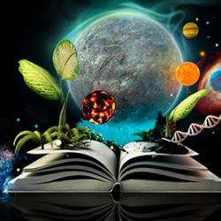 Composite graphic showing planets, vegetation, DNA and book